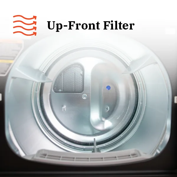 Up-front lint filter — easy to reach, easy to clean