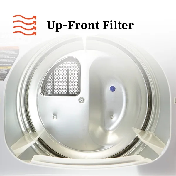 Up-front lint filter — easy to reach, easy to clean