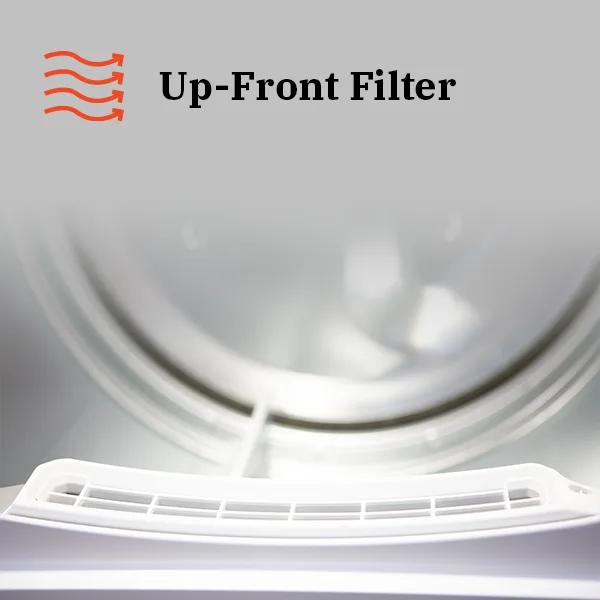Up-front lint filter — easy to reach, easy to clean