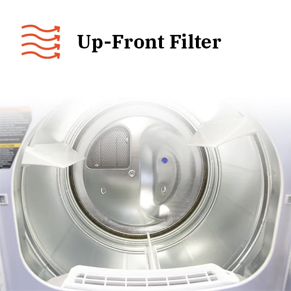 Up-front lint filter — easy to reach, easy to clean