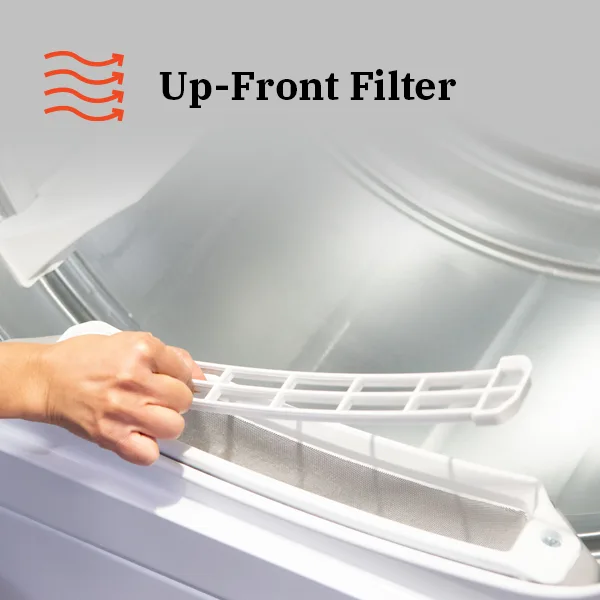 Up-front lint filter — easy to reach, easy to clean